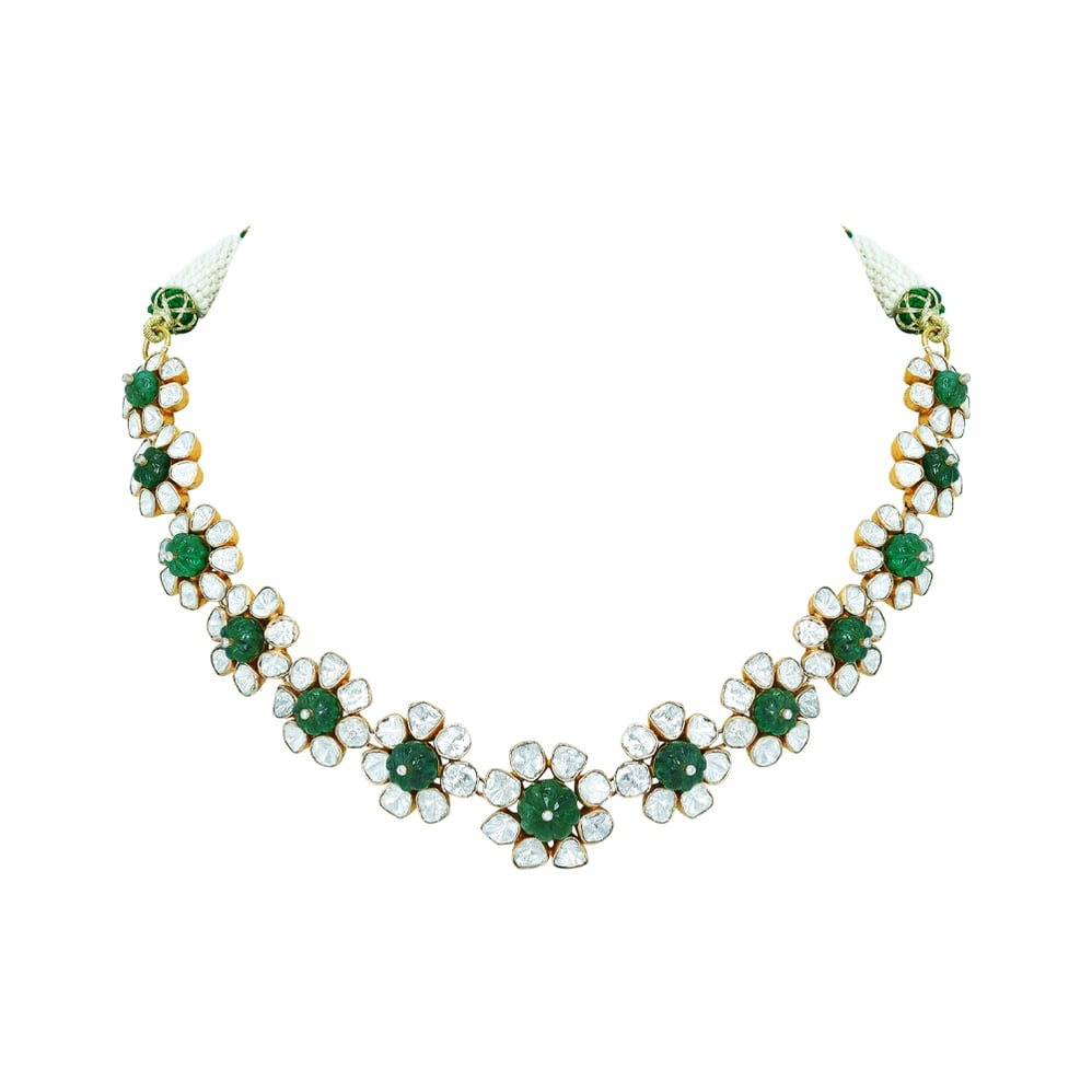 Polki Necklace with Emerald Accents and Blooming Design